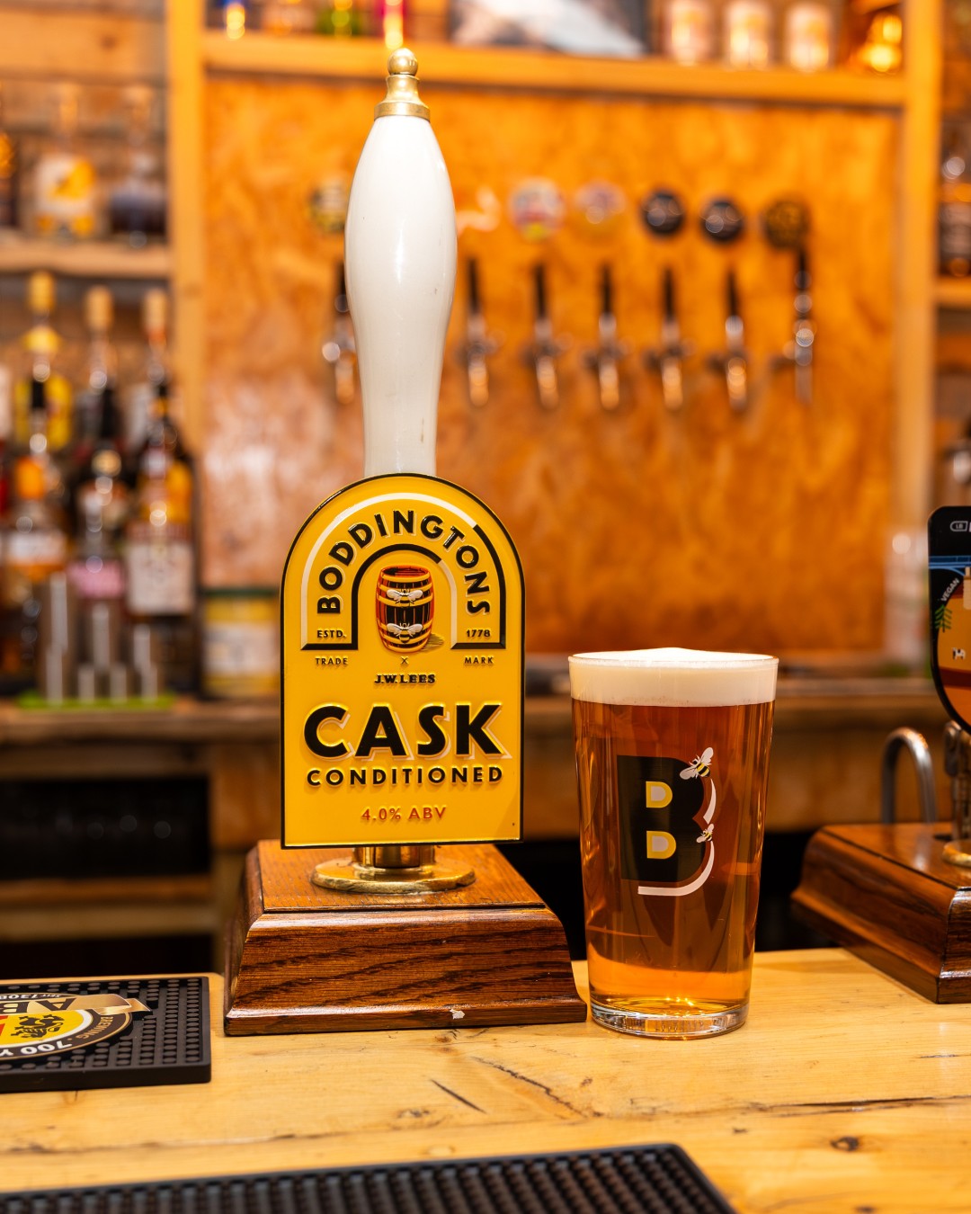 A fresh pint of cask ale on the bar